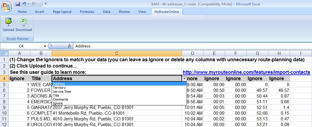 MyRouteOnline Excel Add-in Route Planner screenshot